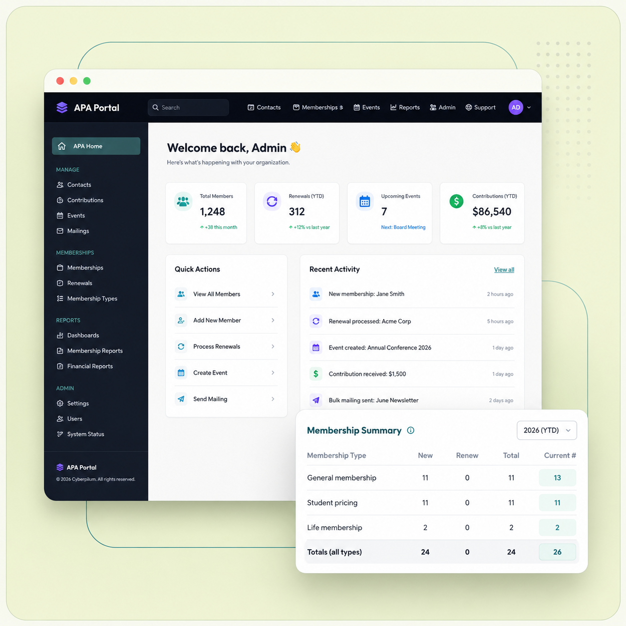 Membership portal admin dashboard showing renewals, recent activity, events, and membership summaries.